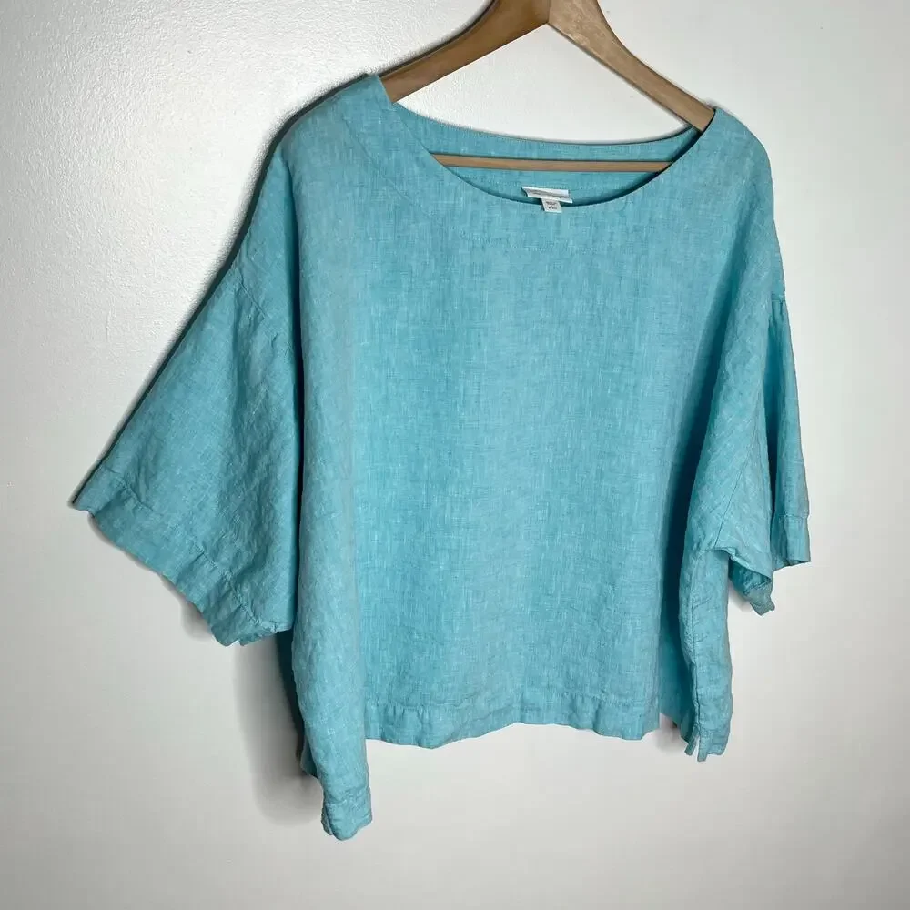 J. Jill Pure Jill Linen Top Womens LP Blue Boxy Oversized Natural Lagenlook - Picture 3 of 9